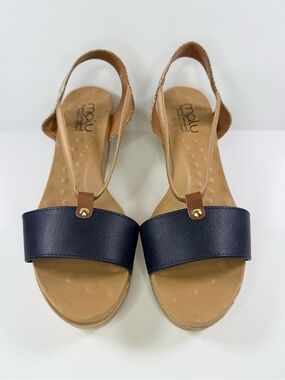 NWOT Malu Blue & Beige Strappy Slip-On Wedge Sandals w/ Logo Women's US 9